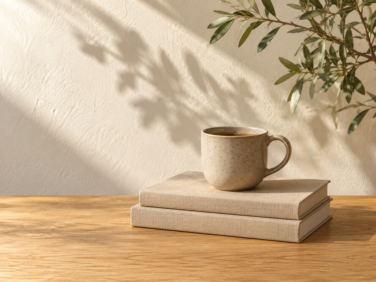 A ceramic cup and books in warm afternoon light