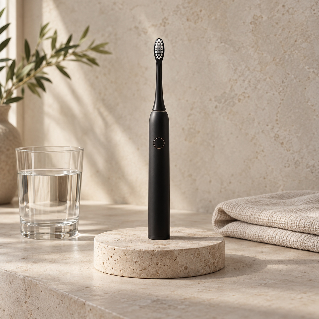 Black electric toothbrush with a glass of water and linen towel
