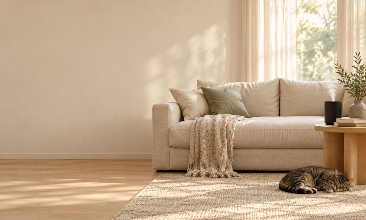 Warm sunlight in a quiet living room with a humidifier on an oak side table