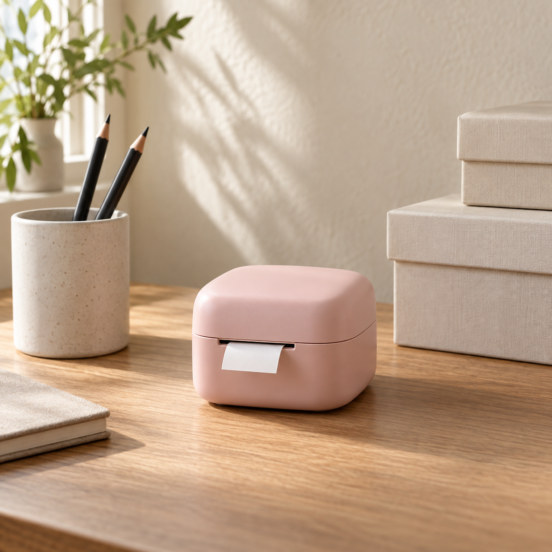 Pink label maker on an uncluttered oak desk
